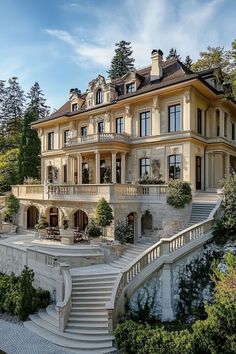 a large house with stairs leading to the upper floor and second story, surrounded by greenery