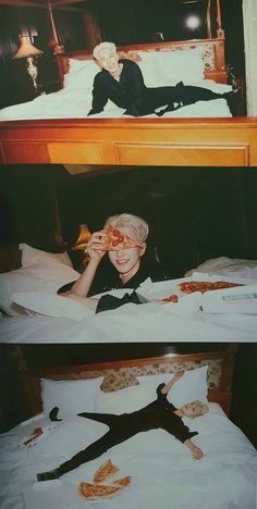 two women laying on top of a bed next to each other with slices of pizza in front of them