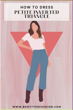 a woman standing in front of a pink triangle with the words how to dress petite - inverted