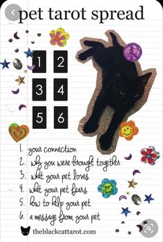 a poster with a dog's face and numbers on the front, below which reads pet tarot spread