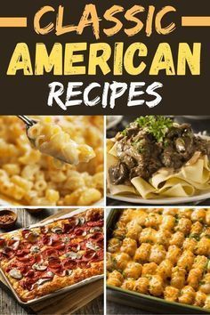 the classic american recipes cookbook is shown in four different pictures, including macaroni and cheese