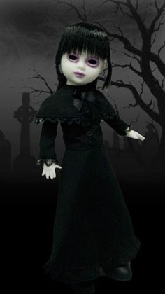 a creepy doll standing in front of a cemetery