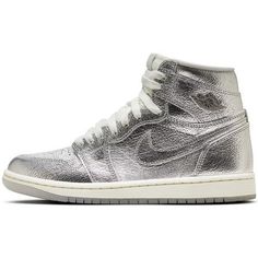 Women's Jordan 1 Hi OG Metallic Silver/Photon Dust Size: 7.  Gender: female.  Age Group: adult. White And Gold Shoes, Jordan 1 Low White, Womens Air Jordans, Jordans Women, Low Heel Sandals, Womens Jordans, Retro Men, Gold Shoes, Jordans For Men