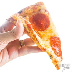 a hand holding a slice of pizza with cheese and pepperoni on it, in front of a white background