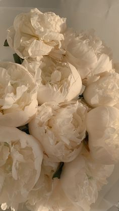 white peonies are in a clear bowl on the counter top, ready to be used as a centerpiece