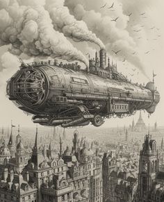 an artistic drawing of a steam engine flying over a cityscape in black and white