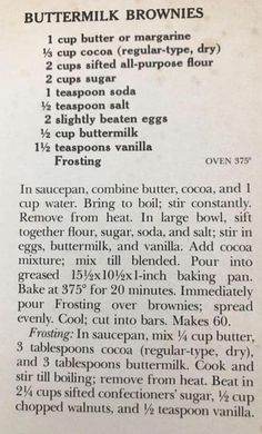 the recipe for buttermik brownies is shown in an old fashioned book page