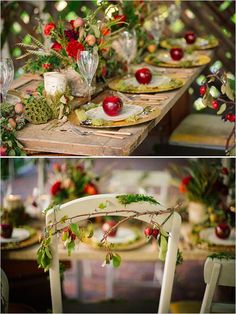 the table is set with apples and greenery