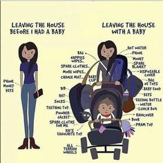 a woman standing next to a baby in a stroller with the words leaving the house before i had a baby