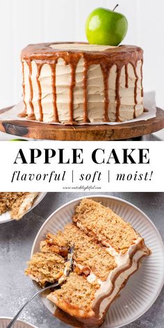 2 stacked images of apple cake: top image of apple cake on cake stand and bottom image of cake slice in plate Vanilla Cake With Apple Filling, Apple Cinnamon Birthday Cake, Fresh Apple Layer Cake Recipe, Layered Apple Cake Recipe, Apple Pie Layer Cake, Apple And Caramel Cake, The Best Apple Cake, Brown Sugar Apple Cake, Carmel Apple Cakes