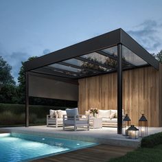 an outdoor living area next to a swimming pool