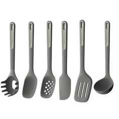 five kitchen utensils lined up next to each other with spoons and spatulas