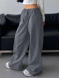 Drawstring Waist Parachute Pants Baggy Pants Light Grey Casual   Woven Fabric Plain Wide Leg Slight Stretch  Women Clothing, size features are:Bust: ,Length: ,Sleeve Length: Shein Cart, Baggy Cargo Pants, Hippie Pants, Baggy Clothes, Wide Leg Sweatpants, Shoes Pink, Baggy Pant, Lovely Clothes, Women Pants