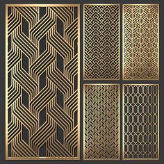 four different types of laser cutting patterns in gold and black, each with an intricate design