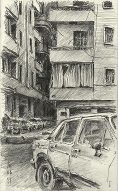 a pencil drawing of a car parked on the side of a road next to tall buildings