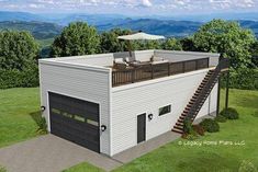 this is an artist's rendering of a house in the mountains with a deck