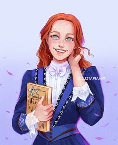 a drawing of a girl with red hair holding a book