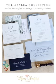 the azalea collection wedding stationery is available in black, white and blue