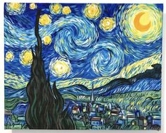 the starry night painting is shown in this hand - painted art print on canvas