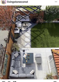 an overhead view of a backyard with furniture and grass