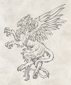 a black and white drawing of a dragon with wings on it's back legs