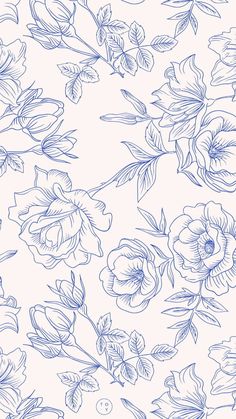 a blue and white floral wallpaper with flowers on the side, in various stages of being drawn