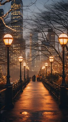 an empty walkway with street lamps on both sides and tall buildings in the background at night