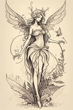 a drawing of a fairy with wings and flowers