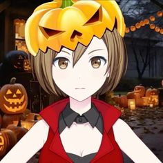 an anime character with pumpkins on her head