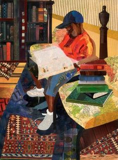 a painting of a person sitting on a bench with books in front of him and an open bookcase behind them