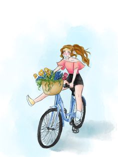 Girl on Bike, bike with basket, flowers in basket, happy girl, draw this in your style, drawing, digital art Girls Room Diy, Riding Bike, Tandem, Girl's Room, Room Diy, Art Pictures