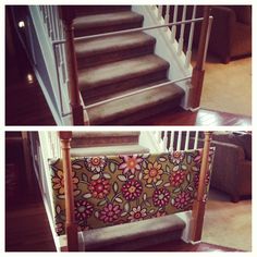 two pictures of the same stair railing and carpeted stairs with flowers on them, one is