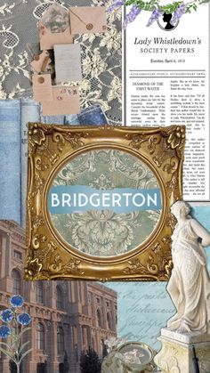 a collage of images with the words bridgerton in blue, gold and white