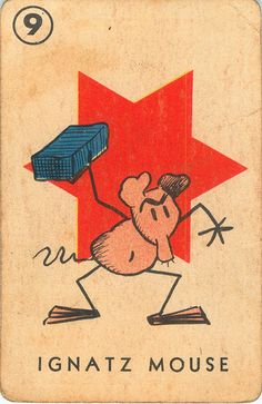 an old playing card with a mouse carrying a blue object