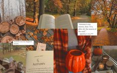 there are many different pictures in this collage that include trees, leaves and books