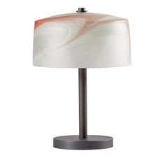 a lamp that is on top of a metal stand with a white and red shade