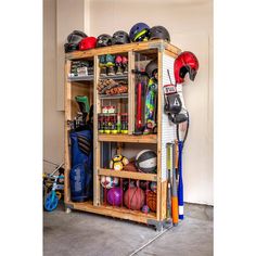 a garage storage unit filled with sports equipment