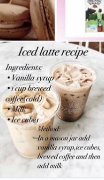 the menu for iced latte recipe is shown in three different pictures, including an ice cream and coffee drink