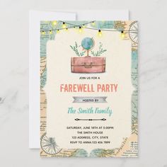 a birthday party card with an old suitcase and string lights on the front, which reads farewell party hosted by the smith family