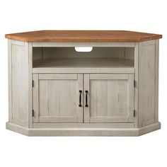 a white entertainment center with wooden top