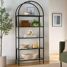 a living room filled with furniture and a potted plant on top of a shelf