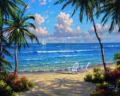 a painting of two lawn chairs on the beach with palm trees and boats in the water