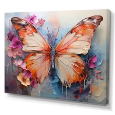 a painting of a butterfly with flowers on it