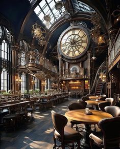 a large clock mounted to the side of a wall next to tables in a restaurant