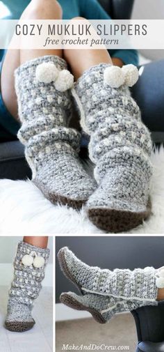 crocheted slippers with sheep on them and text that reads cozy muk slippers for crochet patterns