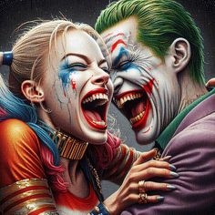 the joker and harley face to face with each other in front of a black background