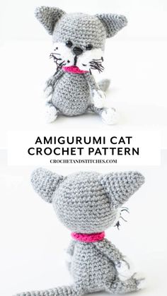 Gray crochet cat with a pink collar Crochet Cat Pattern, Cat Amigurumi, Free Cats, Single Crochet Stitch, Tunisian Crochet, Crochet Stitches Patterns, Crochet Cat, Cat Pattern, Stitch Markers