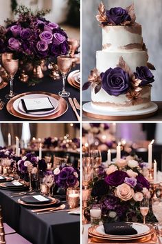 wedding cake with purple flowers on top and gold plated place settings at the bottom