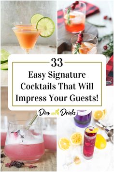 Collage of 4 easy signature cocktails. Easy Signature Cocktails, Cocktail Party Planning, Birthday Cocktails Recipes, Signature Cocktail Drinks, Cocktail Recipes At Home, Cocktails Easy, Cocktails To Make At Home, Cocktails Wedding