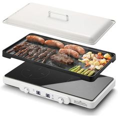 an electric grill with two trays on the top and one holding meat, as well as vegetables